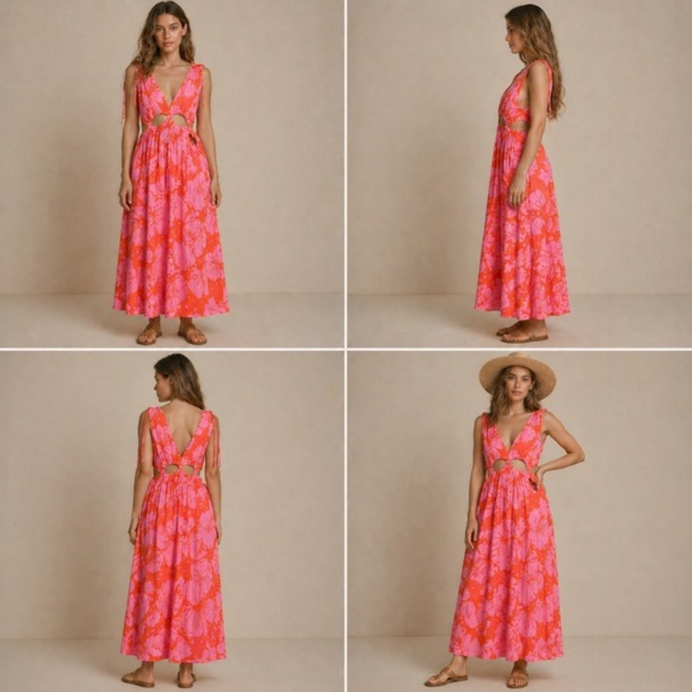 Z&L Dress Womens S Pink‎ Cotton Hawaiian Floral Cut Out Beaded Plunge Neck NWT - Picture 2 of 16